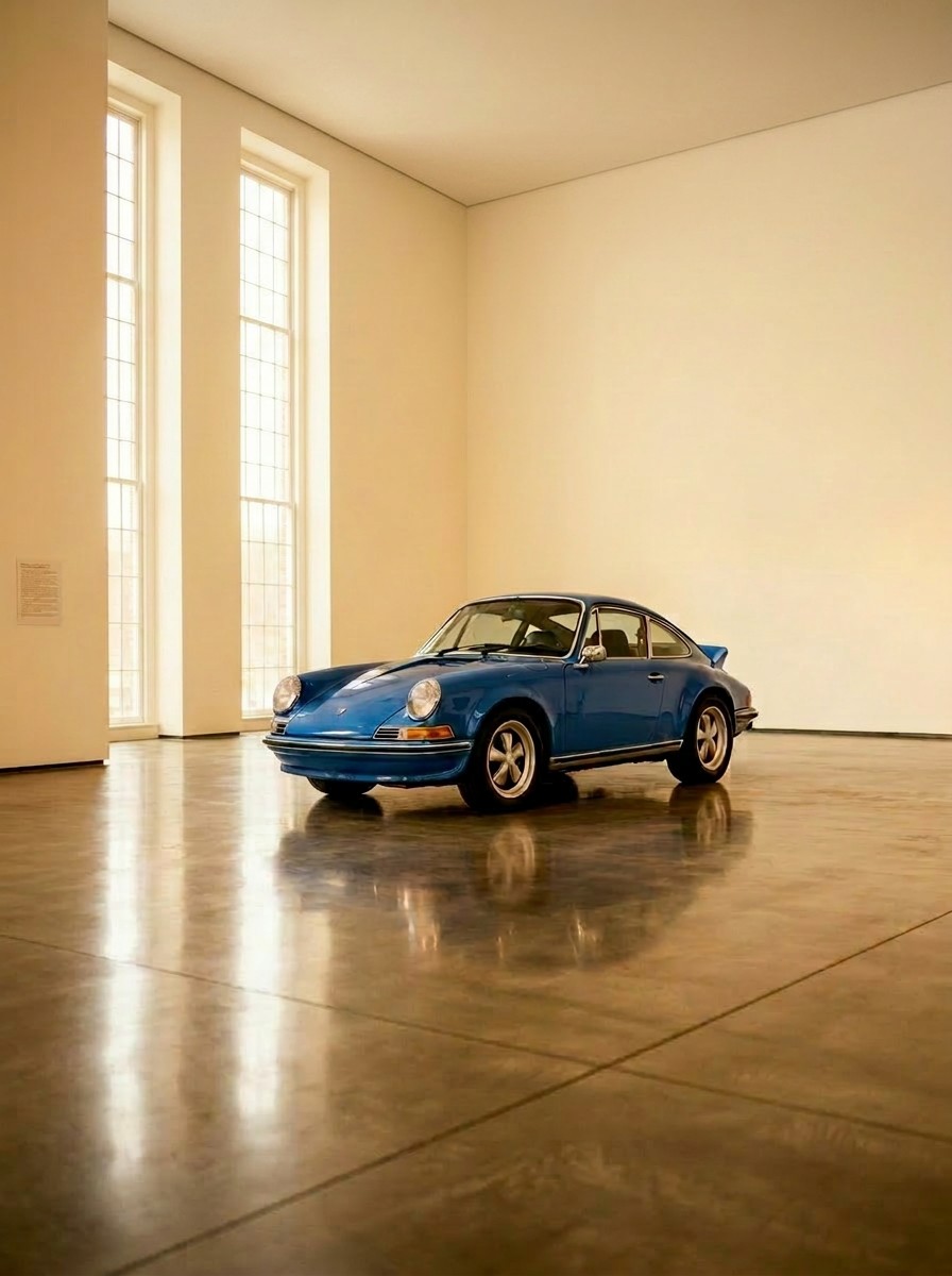 A vintage 1973 Porsche 911 Carrera RS in oxford blue, displayed in a sunlit gallery